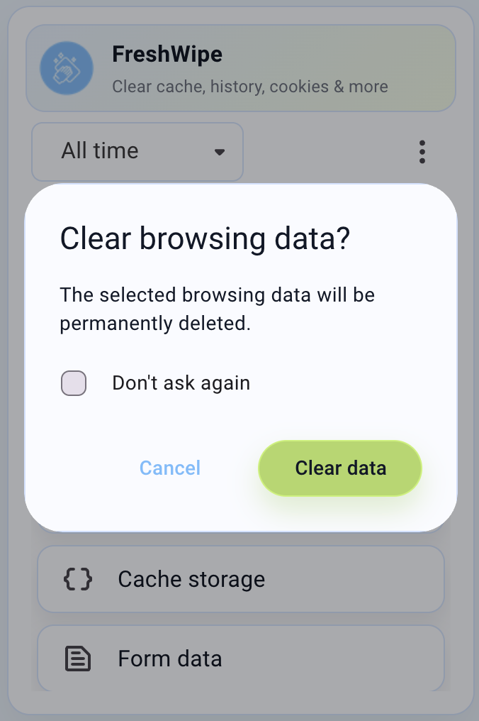 FreshWipe confirmation dialog with All time selector and Clear data button